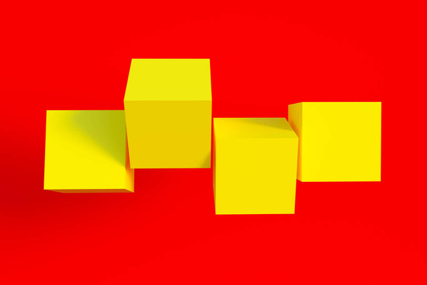 Cajas amarillas sobre fondo rojo. Formas geométricas, cubo. Fondo abstracto mínimo. Renderizado 3D. - Foto, imagen
