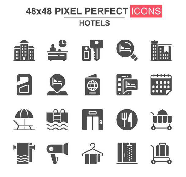 Ξενοδοχεία σύνολο εικονιδίων glyph. Receptionist, πετσέτα, εστιατόριο, ντους, αποσκευές, κλειδί, υπηρεσία δωματίου, πισίνα, ασανσέρ μοναδικά εικονίδια. Επίπεδη διανυσματική δέσμη για σχεδιασμό UI UX. 48x48 pixel τέλειο πακέτο εικονογραμμάτων GUI. - Διάνυσμα, εικόνα