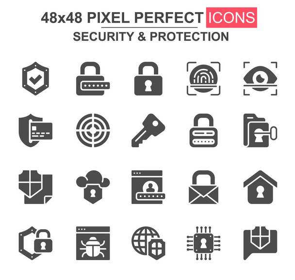 Σύνολο εικονιδίων ασφαλείας και προστασίας glyph. Κωδικός πρόσβασης, λουκέτο, δακτυλικό αποτύπωμα, σάρωση αμφιβληστροειδούς, τείχος προστασίας, bug, ασπίδα μοναδικά εικονίδια. Επίπεδη διανυσματική δέσμη για σχεδιασμό UI UX. 48x48 pixel τέλειο πακέτο εικονογραμμάτων GUI. - Διάνυσμα, εικόνα