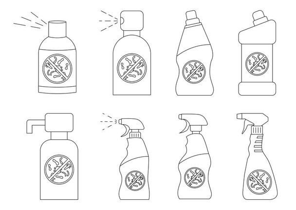 Ręcznie dezynfekujące butelki. Butelki z chemikaliami. Płynny detergent lub mydło, odplamiacz, wybielacz do prania, środek czyszczący do WC. Pojemniki na środki dezynfekujące z płynem antybakteryjnym. Wektor - Wektor, obraz