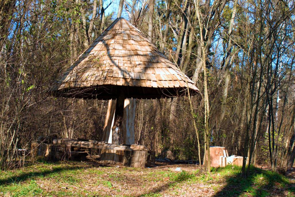 Ormanın kenarındaki yağmurdan korunmak için ahşap bir barınak. - Fotoğraf, Görsel