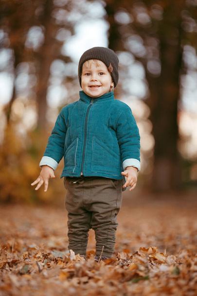 A child on a walk in autumn. A boy in a green jacket walks in the Park against the background of autumn - Фото, изображение
