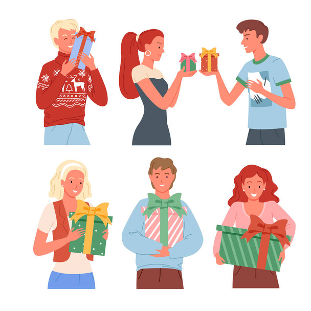 Happy people with Christmas gifts collection. New Year presents, friends with gift boxes. - Vettoriali, immagini
