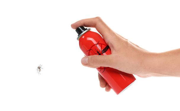 Woman spraying insect repellent on mosquito against white background, closeup - Φωτογραφία, εικόνα