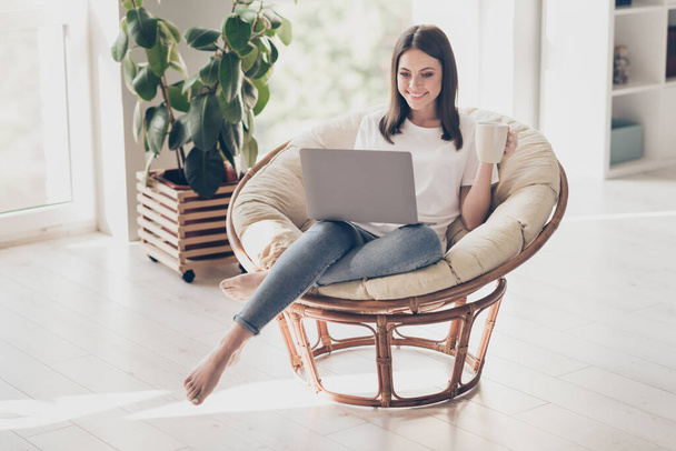 Full length photo of positive girl sit wicker chair watch video on laptop hold coffee cup in house indoors - Fotoğraf, Görsel