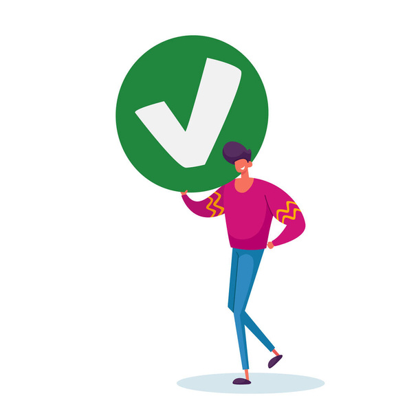Podnikatel Hold Sign se zelenou šekovou značkou, Ano Symbol, Muž Charakter Souhlasím se sociálním názorem, Přijetí, Hlasování - Vektor, obrázek