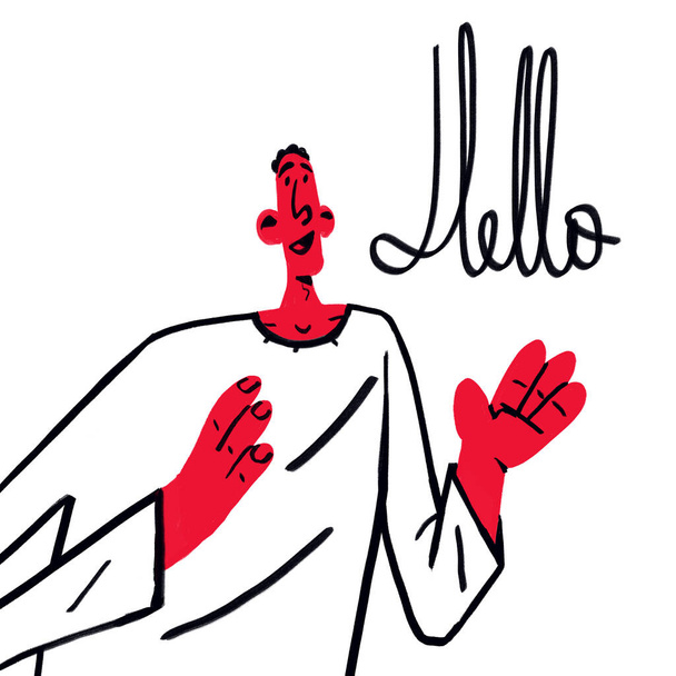 Смішний хлопець каже привіт. Урожай мультфільм Кліпарт з плоским дизайном і основним кольором. Ескіз зі сміливою лінією та стилем 50-х. Вітальна концепція ізольована на білому
. - Фото, зображення