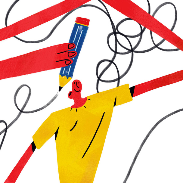 Guy Scribbling mit Riesenstift. Amüsanter Cartoon-Clip. Sign in Concept isoliert auf weiß. Zeichnen mit Primärfarbe. - Foto, Bild