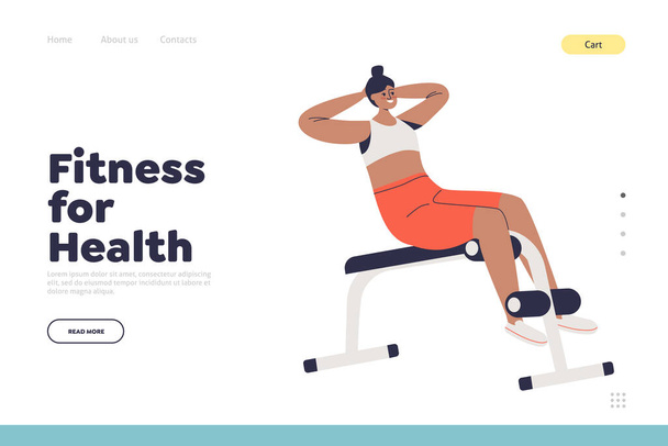 Pagina di destinazione Fitness per la salute con donna che fa addominali crunches sulla panchina addominale - Vettoriali, immagini