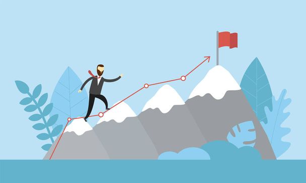 Fogalmi üzleti illusztráció a rajzfilm lapos stílus a férfi karakter mászás magas szürke hegyek a piros zászló. Sikeres Karrier Életötlet, Célok elérése, Munkahelyi célok kitűzése. Kék háttér - Vektor, kép