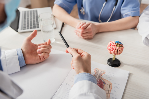 Gewassen beeld van arts met pen gebaren in de buurt van collega 's op het werk met papieren en hersenen anatomisch model op wazige voorgrond - Foto, afbeelding