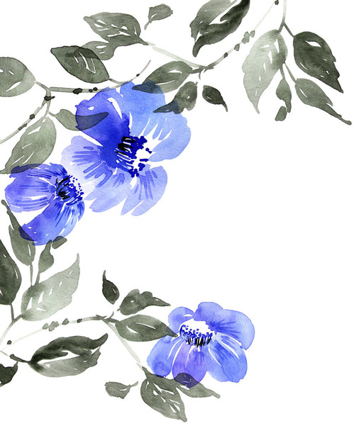 Aquarell und Tusche Illustration eines Blütenbaumes mit blauen Blüten und Blättern. Orientalische traditionelle Malerei im Stil Sumi-e, u-sin und gohua. - Foto, Bild