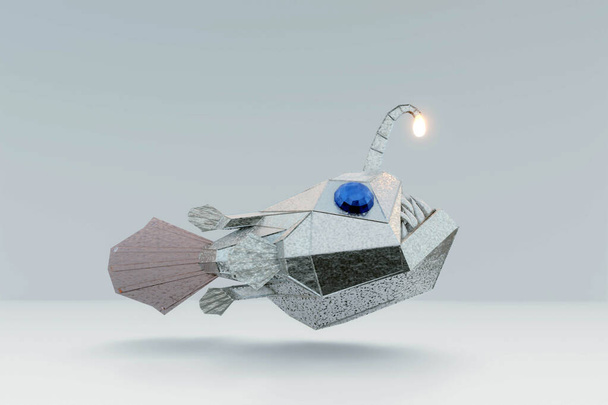 low poly metallic angry deep-sea angler hunts with luminous bait, fish robot, 3d illustration - Foto, Imagen
