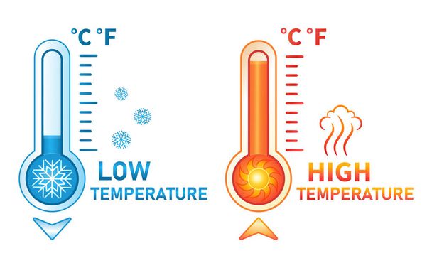 Hot and cold thermometer icon set. Low and high temperature on measuring sale. Meteorological measurements weather in summer and winter. Control level cooling and heating of equipment. Flat vector  - Vector, Image
