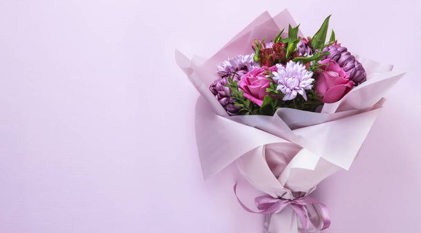 Pink bouquet isolated on a pink background. Copy Space. Horizontal - Φωτογραφία, εικόνα