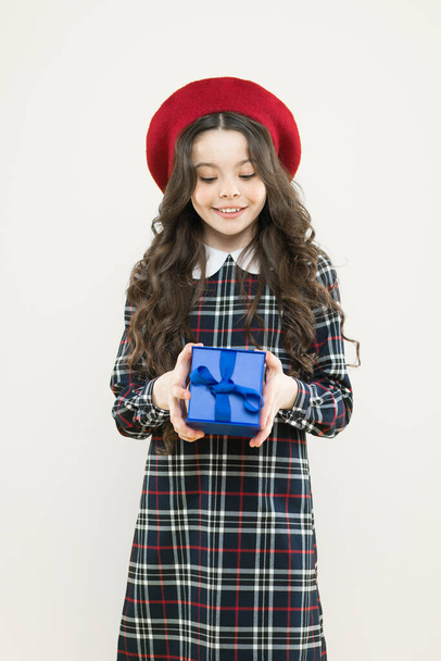 Shopping day. Happy child hold box. Girl shopping. Save money. Birthday surprise. Exclusive discount date of birth. Transforming shopping into an experience. Gift shop. Shopping and purchase - Foto, Imagen
