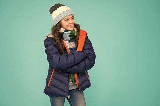 Warming up. Casual winter jacket more stylish have more comfort features. Female fashion. Children clothes shop. Designed for comfort. Fashion girl winter clothes. Fashion trend. Fashion coat - Φωτογραφία, εικόνα