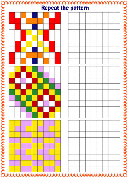 Fill out the template. Copy the picture. Printed sheet. Pixel graphics. Education is a logical game for preschool children. - Вектор,изображение