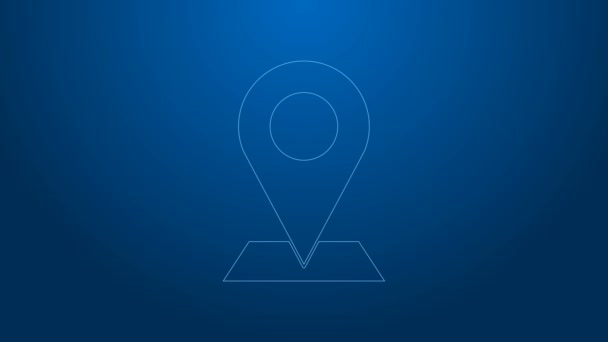 Línea blanca Icono de pin de mapa aislado sobre fondo azul. Navegación, puntero, ubicación, mapa, GPS, dirección, lugar, brújula, concepto de búsqueda. Animación gráfica de vídeo 4K - Metraje, vídeo