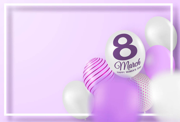 8 de marzo. Fondo del Día de la Mujer Feliz. Diseño con globos sobre fondo púrpura. Vector. - Vector, Imagen