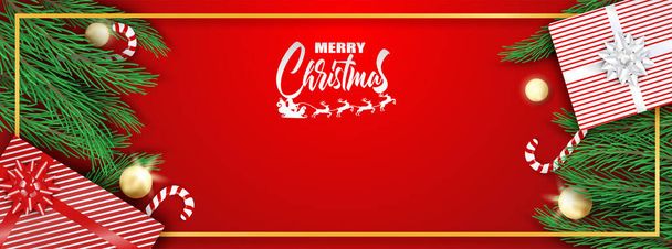 Merry Christmas. Design with christmas tree, gift box and candy canes on red background .Vector. illustration - Vetor, Imagem