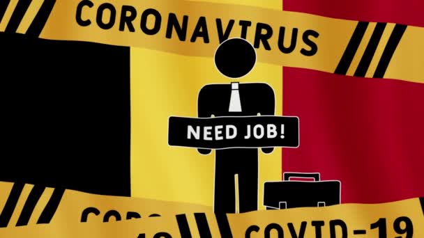 Economisch crisisconcept tijdens een pandemie. België vlag met een man met een bord met de woorden "Need Job" en Covid-19 Virus tape. Werkloosheidsconcept onder Belgische vlag. - Video