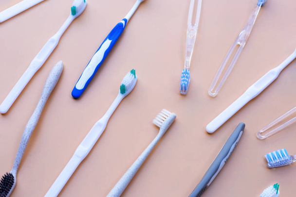 Top view of toothbrushes. Dental care concept - Photo, Image