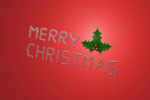Renderizado 3D, texto de Feliz Navidad Baya caligráfica y hojas Plantilla de tarjeta de diseño de letras. - Foto, Imagen