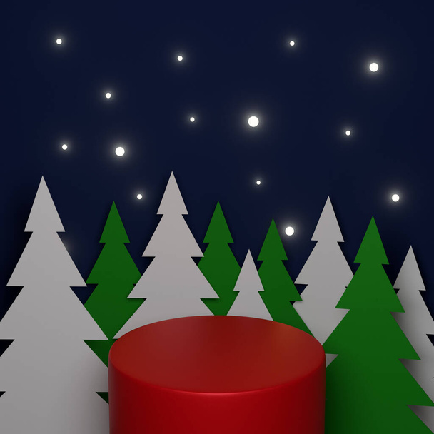 3D illustratie magische naaldbomen in een winterbos met ronde rode sokkel en sterren op blauwe achtergrond. Kerstbomen in origami stijlen - Foto, afbeelding