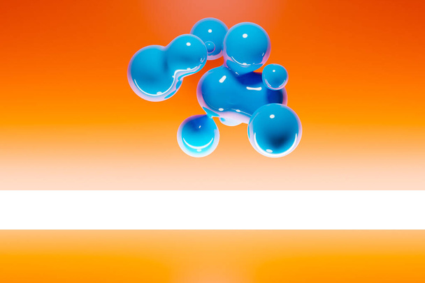 3D-Illustration eines blauen Metaballs mit einer großen Anzahl von Teilen auf orangefarbenem Hintergrund. Digitaler Metaball-Hintergrund des Überfliegens in einander glänzende Kugeln. - Foto, Bild