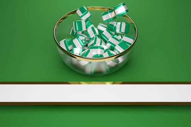 3D illustration in a beautiful transparent plate licks many identical cubes with the image of the national flag of Nigeria. The symbol of the country, the unity of the people.PLaying dice with flag - Photo, Image
