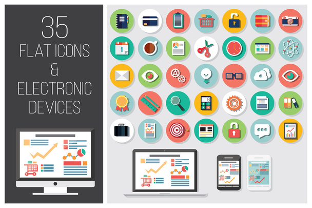 35 platte web iconen en 4 elektronische apparaten, vectorillustratie - Vector, afbeelding