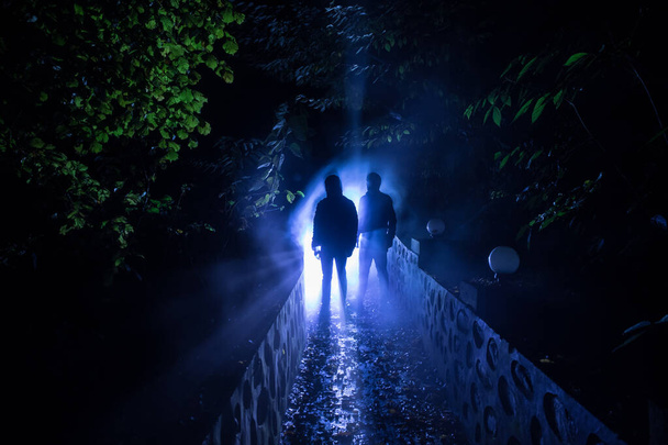 Silueta osoby stojící v temném lese se světlem. Horor halloween koncept. podivná silueta v temném strašidelném lese v noci - Fotografie, Obrázek