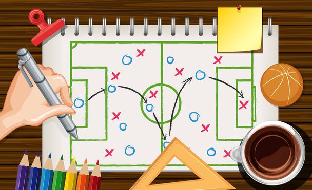 Primer plano de escritura a mano plan de baloncesto en el cuaderno con papelería y café en el escritorio ilustración de fondo - Vector, Imagen