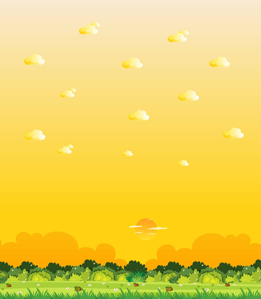 Vertikale Naturszene oder Landschaft Landschaft mit Blick auf den Wald und gelben Sonnenuntergang Himmel Ansicht Illustration - Vektor, Bild