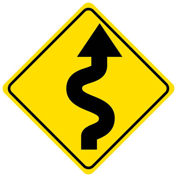Winding road left ahead yellow sign on white background illustration - Vector, Image