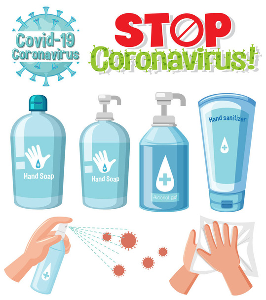Stop Coronavirus znak tekstowy z tematu koronawirusa i produktów dezynfekujących ilustracji - Wektor, obraz