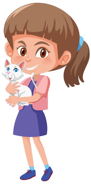 Fille tenant personnage de dessin animé animal mignon isolé sur fond blanc illustration - Vecteur, image