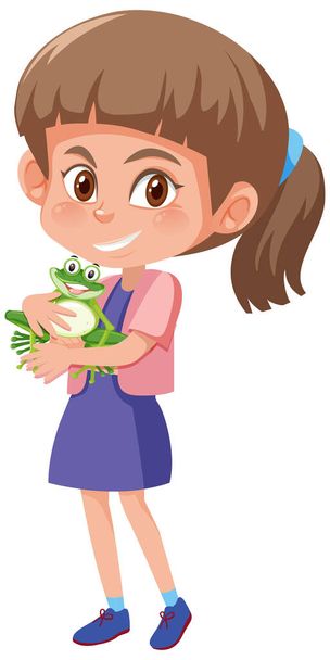 Chica sosteniendo lindo animal personaje de dibujos animados aislado sobre fondo blanco ilustración - Vector, Imagen