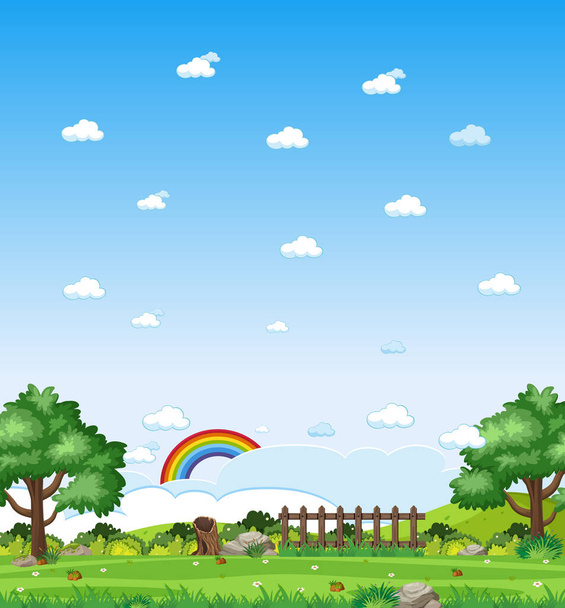 Scena di natura verticale o campagna paesaggistica con vista sulla foresta e arcobaleno in cielo vuoto durante il giorno illustrazione - Vettoriali, immagini