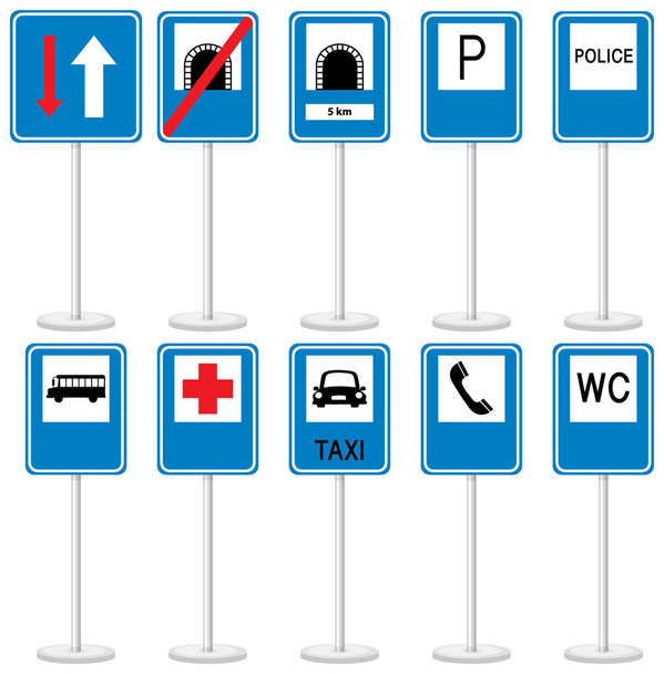 Conjunto de señales de tráfico azules con soporte aislado sobre fondo blanco ilustración - Vector, Imagen