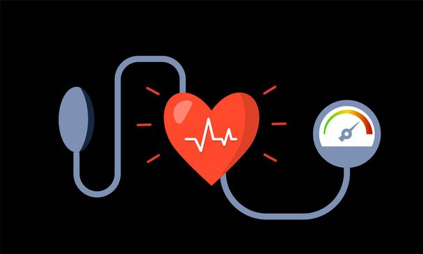 Concepto de presión arterial con medidor de presión arterial y corazón. Ilustración vectorial - Vector, Imagen