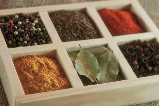 spices in box: cummin, pepper, laurer, curry, paprika, chili  - Valokuva, kuva