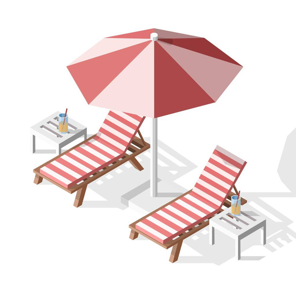 Vektor isolierte isometrische Sommer-Illustration von zwei Sonnenliegen mit Sonnenschirm, Tischen und Cocktails. - Vektor, Bild
