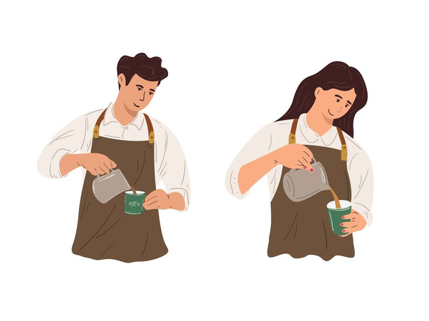 Wektor ilustracji mężczyzna i kobieta pracownicy pracujący jako baristów kawiarni, baristów wylewania i przetwarzania preparatów do kawy. - Wektor, obraz