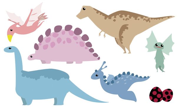 Dinoszaurusz készlet: Tyrannosaurus, Stegosaurus, Brachiosaurus, Dilophosaurus, Archeopteryx, Egg - Vektor, kép