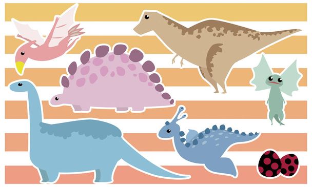 Juego de dinosaurios: Tyrannosaurus, Stegosaurus, Brachiosaurus, Dilophosaurus, Archeopteryx, Egg - borde blanco - Vector, imagen