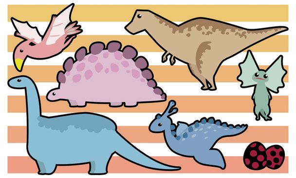 Dinosaurus set: Tyrannosaurus, Stegosaurus, Brachiosaurus, Dilophosaurus, Archeopteryx, Egg - zwarte rand - Vector, afbeelding