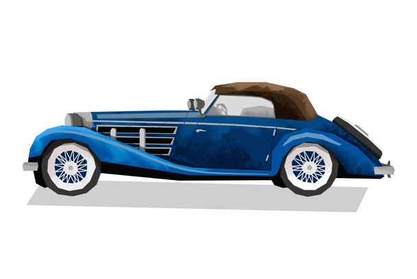 Aquarel retro auto. Geïsoleerde blauwe vintage auto. Cartoon print voor kinderkamer. Zijaanzicht - Foto, afbeelding