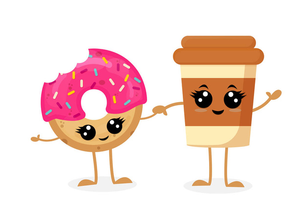 Coffee cup and donut. Cute cartoon characters. Design for cards, menu, shop, fridge magnets, stickers, posters. Vector illustration isolated on white background.  - ベクター画像